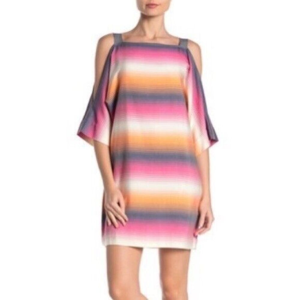 Trina Turk Baracoa Striped Tunic Dress L Cold Shoulder Sunset Stripes Beachy